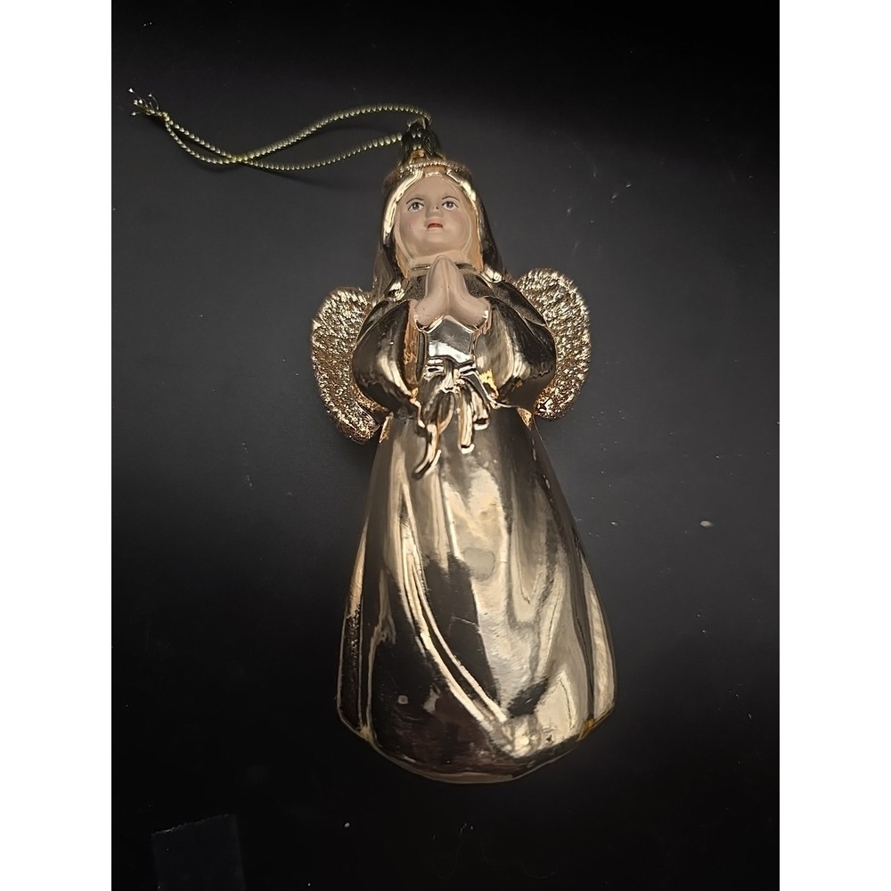 Vintage Gold Praying ANGEL Ornaments Hard Plastic‎ Glitter Wings 5.25"